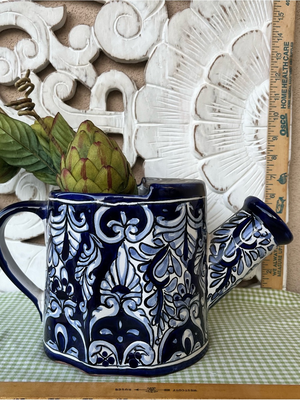 Blue and White Hand-Painted Ceramic Watering Can Vase